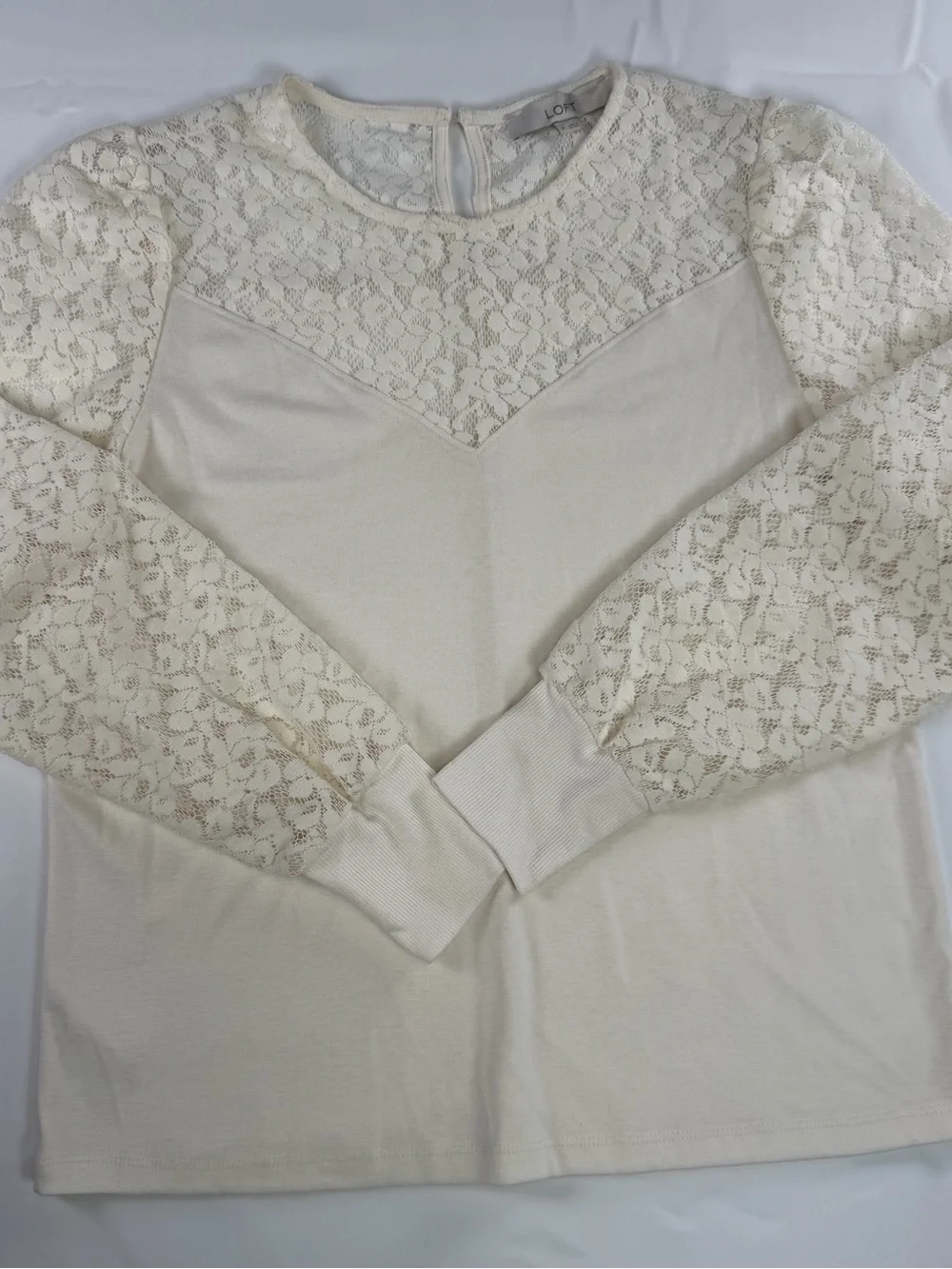 LOFT Cream Lace-Inset Long Sleeve Top - Elevated Style -Medium